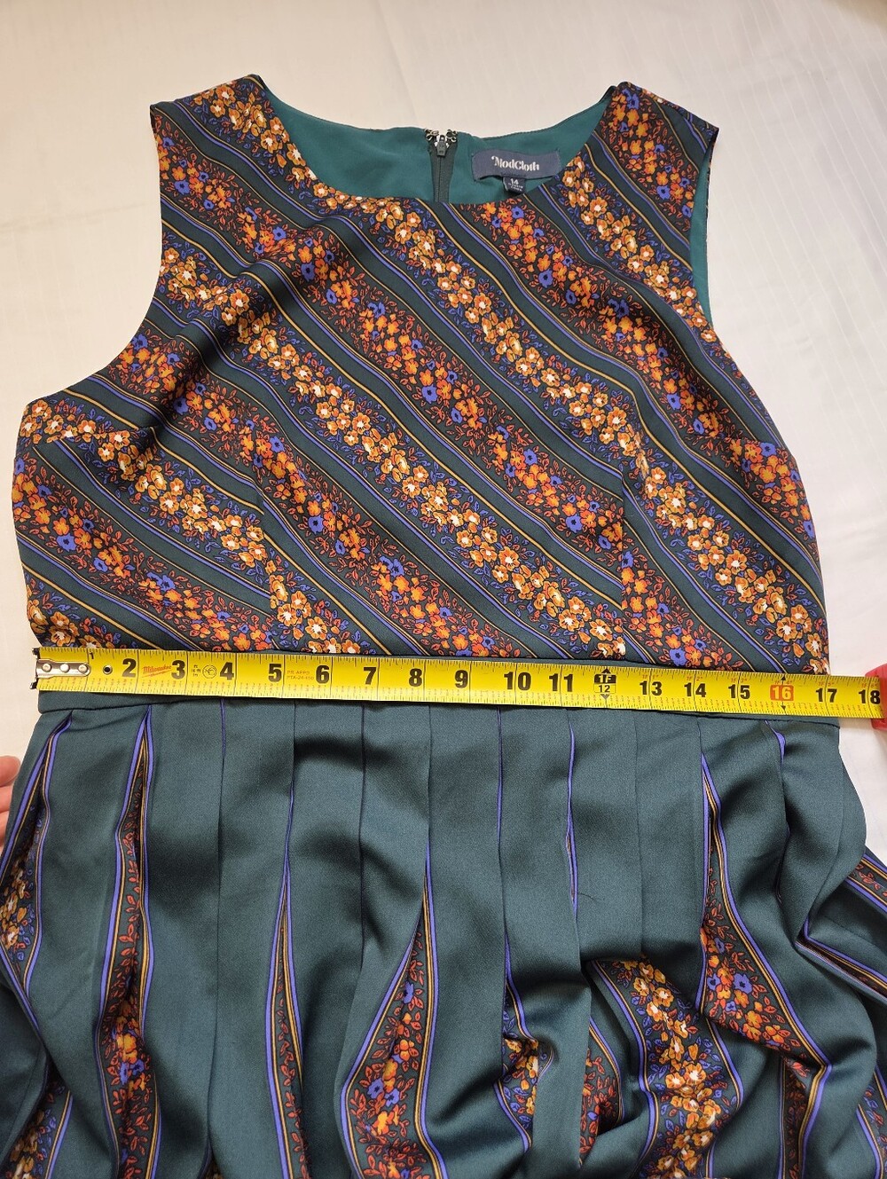 ModCloth Floral Pleated Midi Dress Size 14 Retro Vintage Inspired Teal - Picture 10 of 10